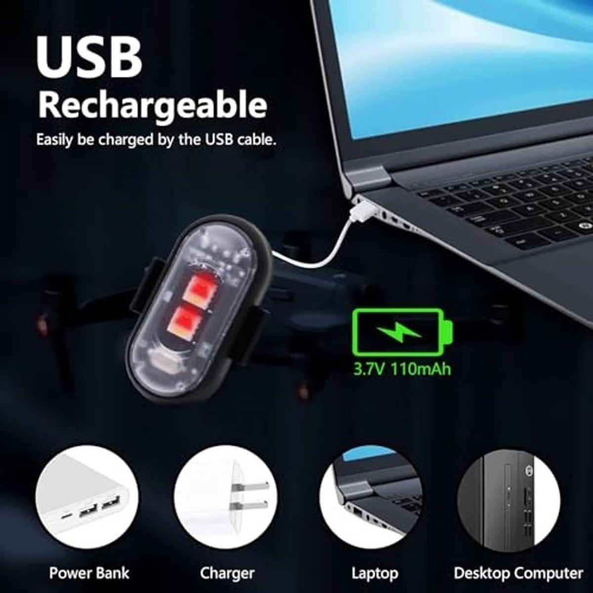 USB rechargeable magnetic LED strobe light with cable and power bank connection