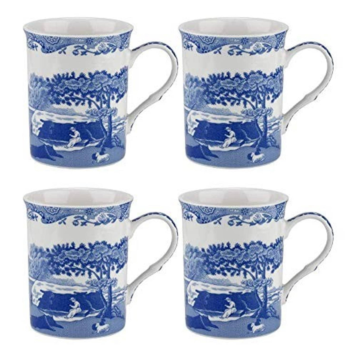 Set of four blue and white ceramic mugs with landscape motif and curved handles