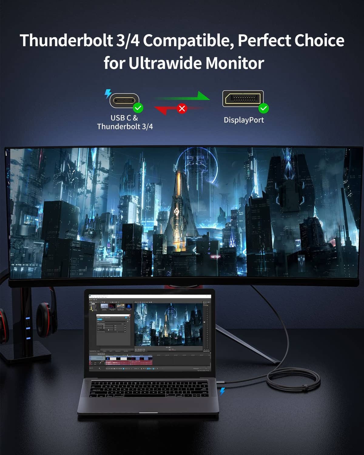 USB-C to DisplayPort cable connected to an ultrawide monitor with laptop