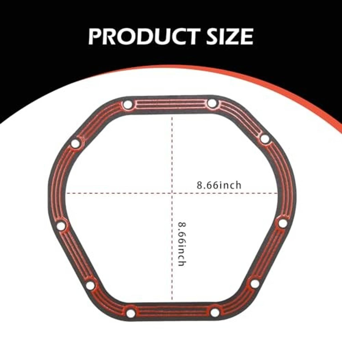 Octagonal gasket with red ribbed stripes; size diagram lines across the ring