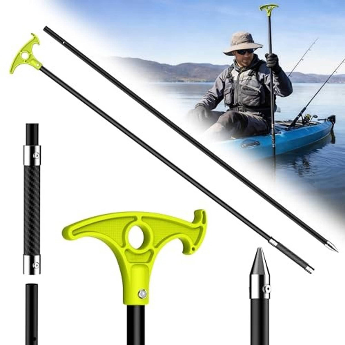 Shallow water anchor pole with green ergonomic handle, black fiberglass shaft, pointed tip
