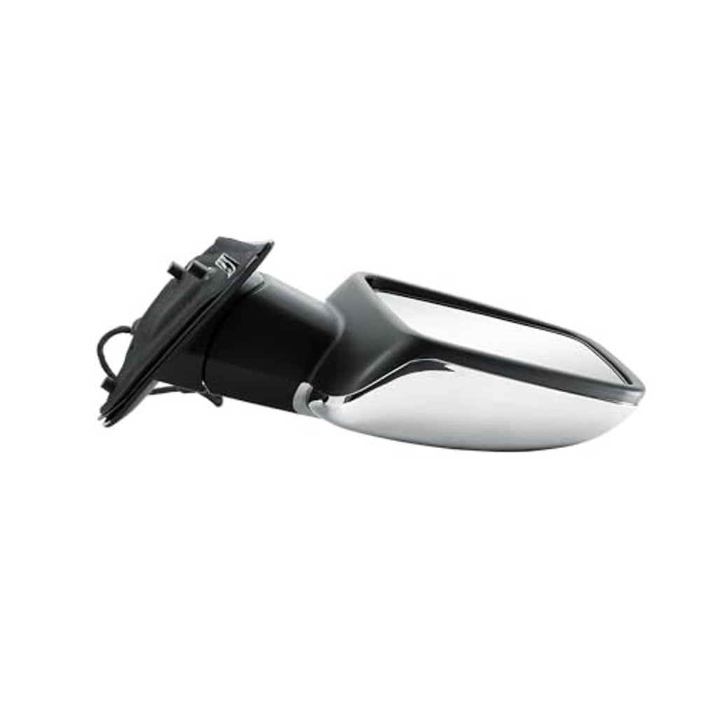 Driver-side door mirror side profile with chrome housing and black mounting base