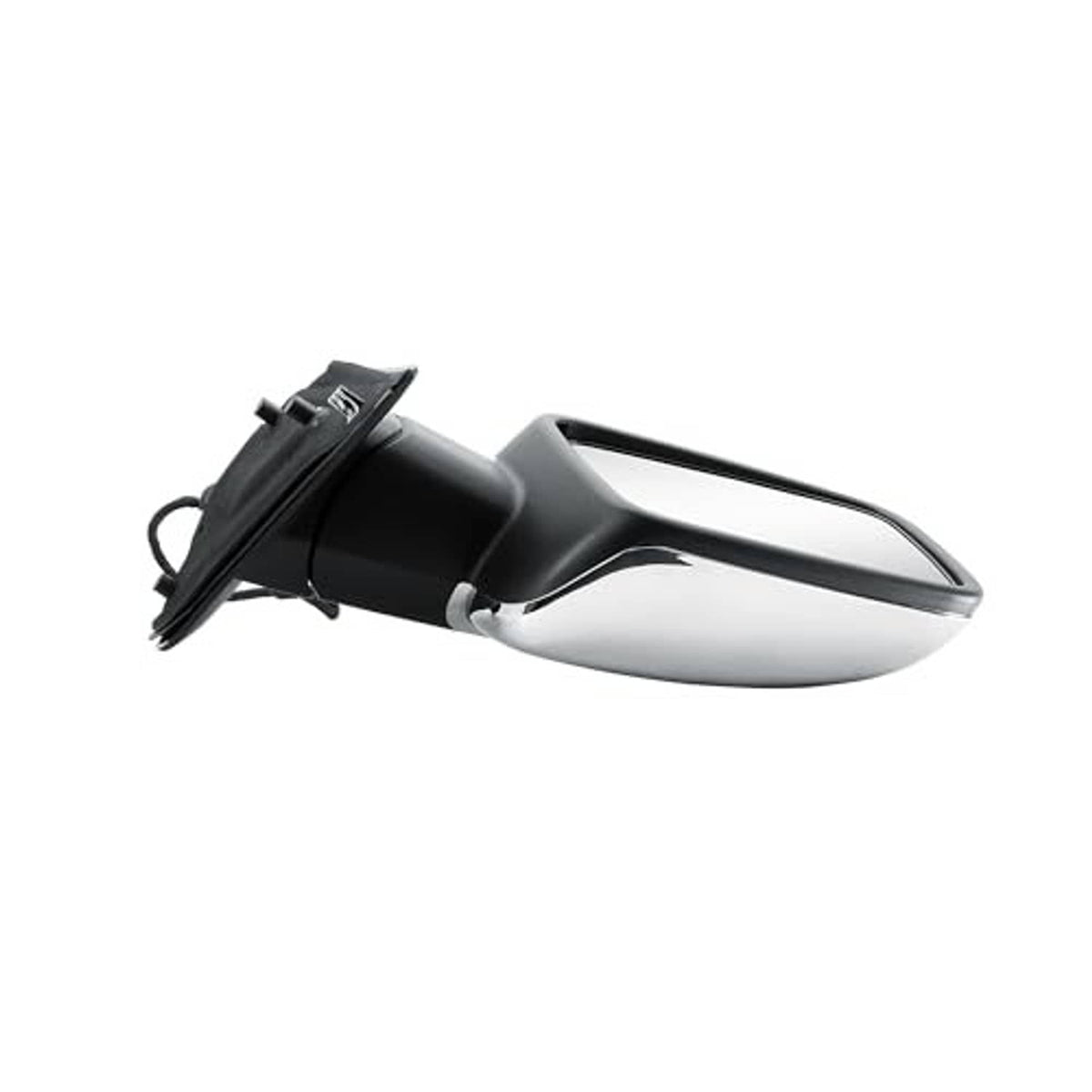 Driver-side door mirror side profile with chrome housing and black mounting base