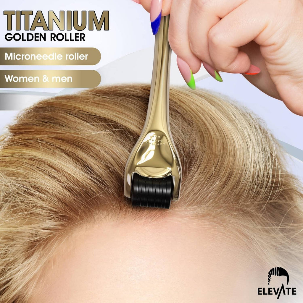 Gold microneedle derma roller held against scalp during grooming