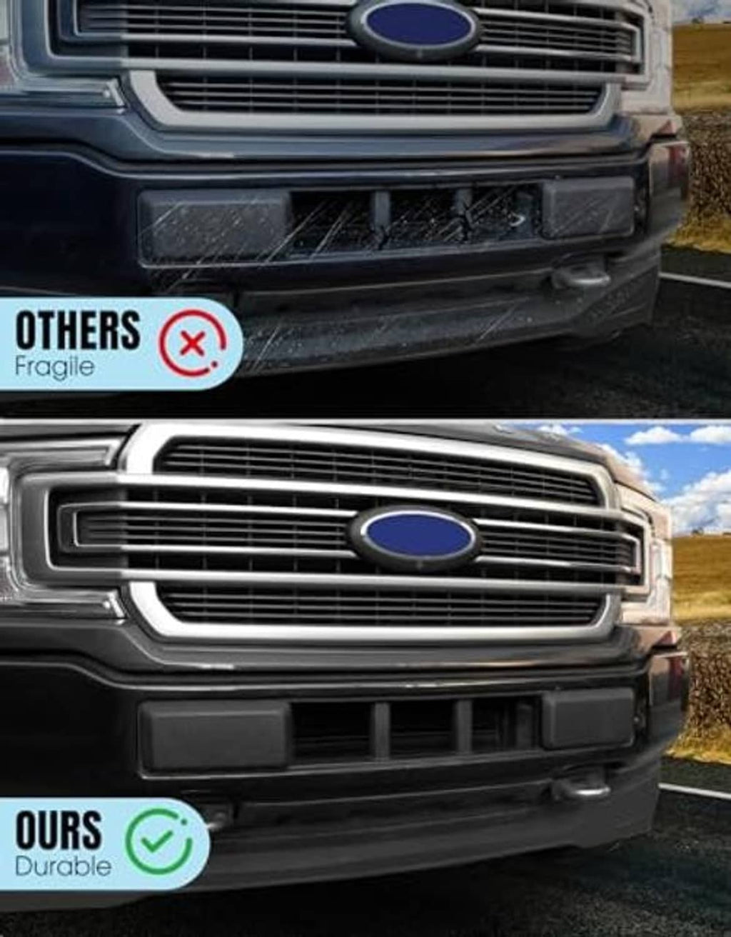 Black grille panel trim installed on a pickup front, rectangular slots