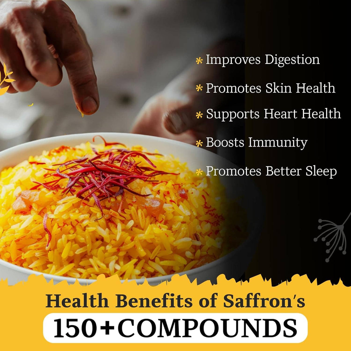 Red saffron threads sprinkled over yellow rice in a bowl
