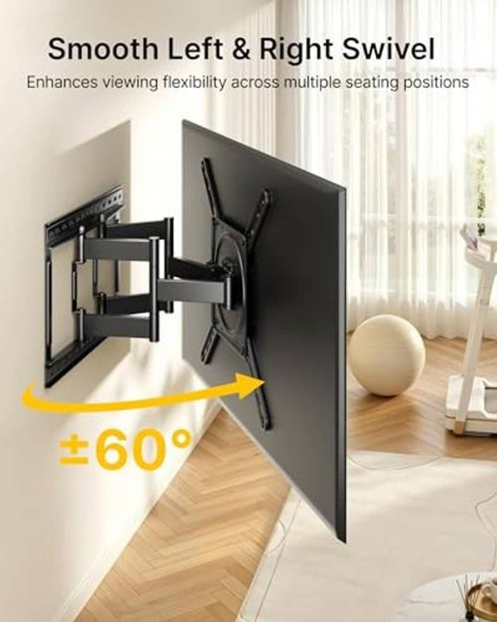 Black TV wall mount with left/right swivel joint for flexible TV positioning