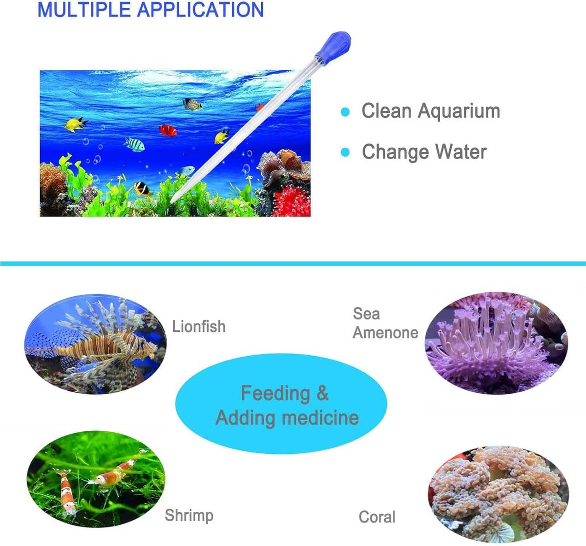 Aquarium siphon feeding tube with blue cap and clear tube for cleaning and feeding.