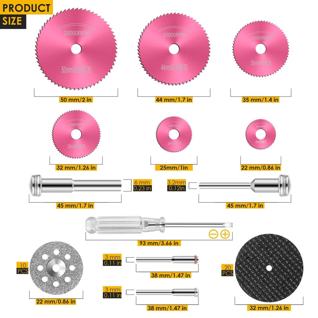 Pink circular cutting wheel set with center hole and metal mandrel shafts, various sizes