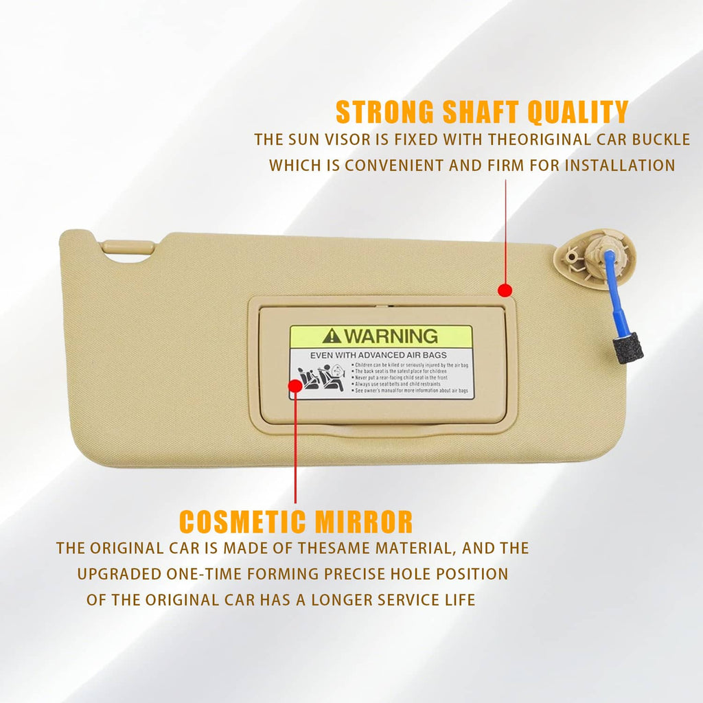 Tan car sun visor with warning label and side mirror mount bracket