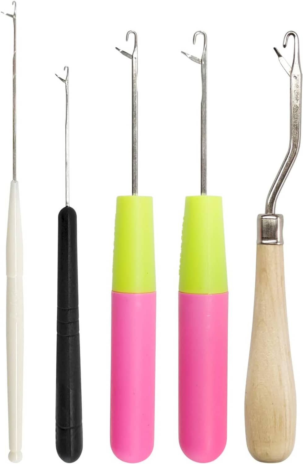 Latch hook crochet hook set, metal hooks with neon green, pink, black and wood handles