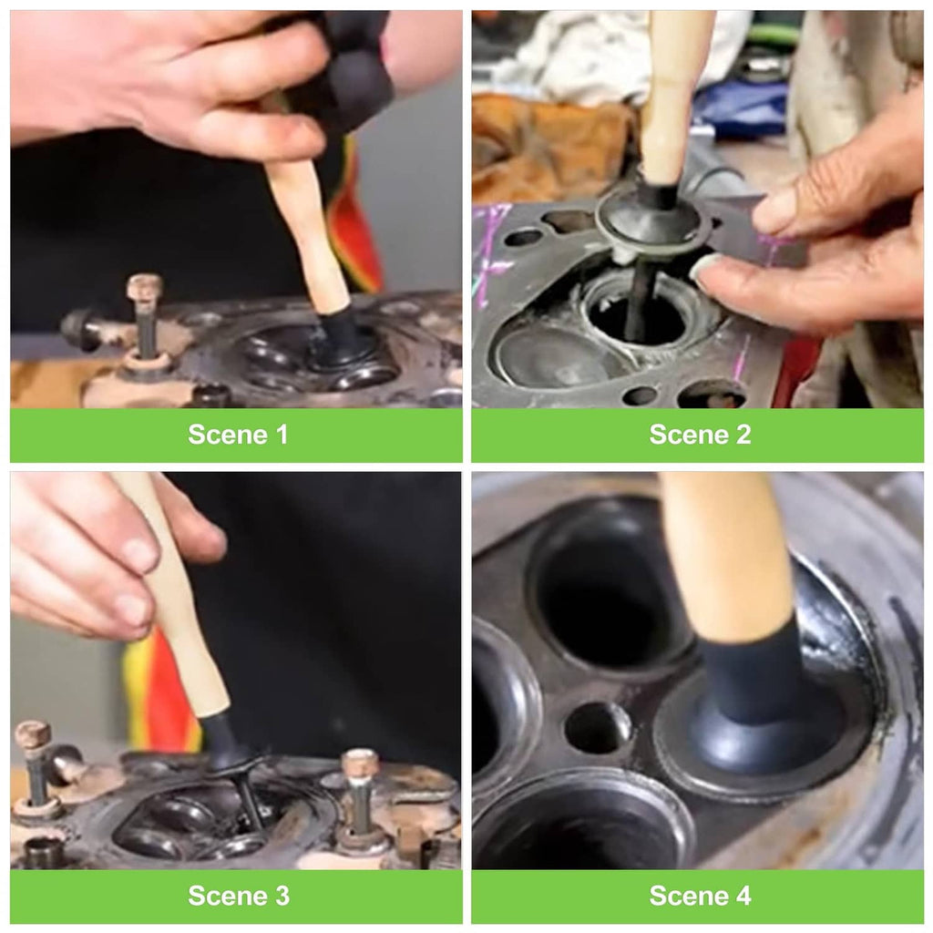 Valve lapping tool in use on an engine head, contacting valve openings