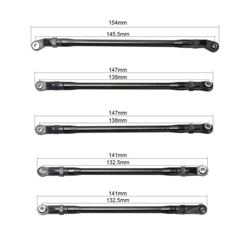 Black rod linkage bars with silver eyelet ends, illustrated with multiple lengths
