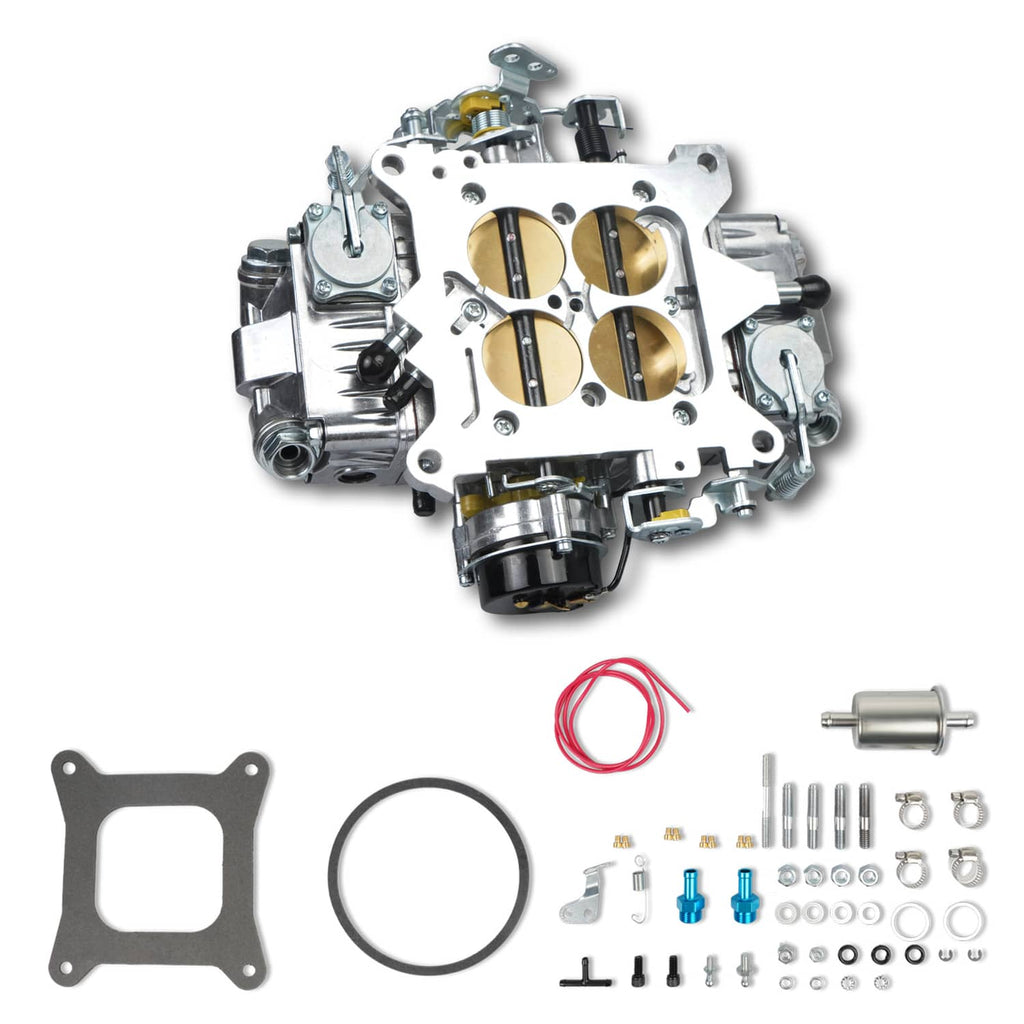 4-barrel electric choke carburetor kit with gasket, parts, and hardware, silver finish
