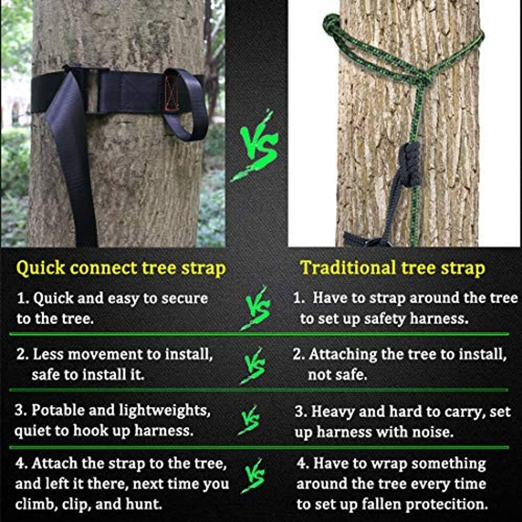 Quick-connect tree strap shown on tree trunk, navy webbing with orange stitched loop