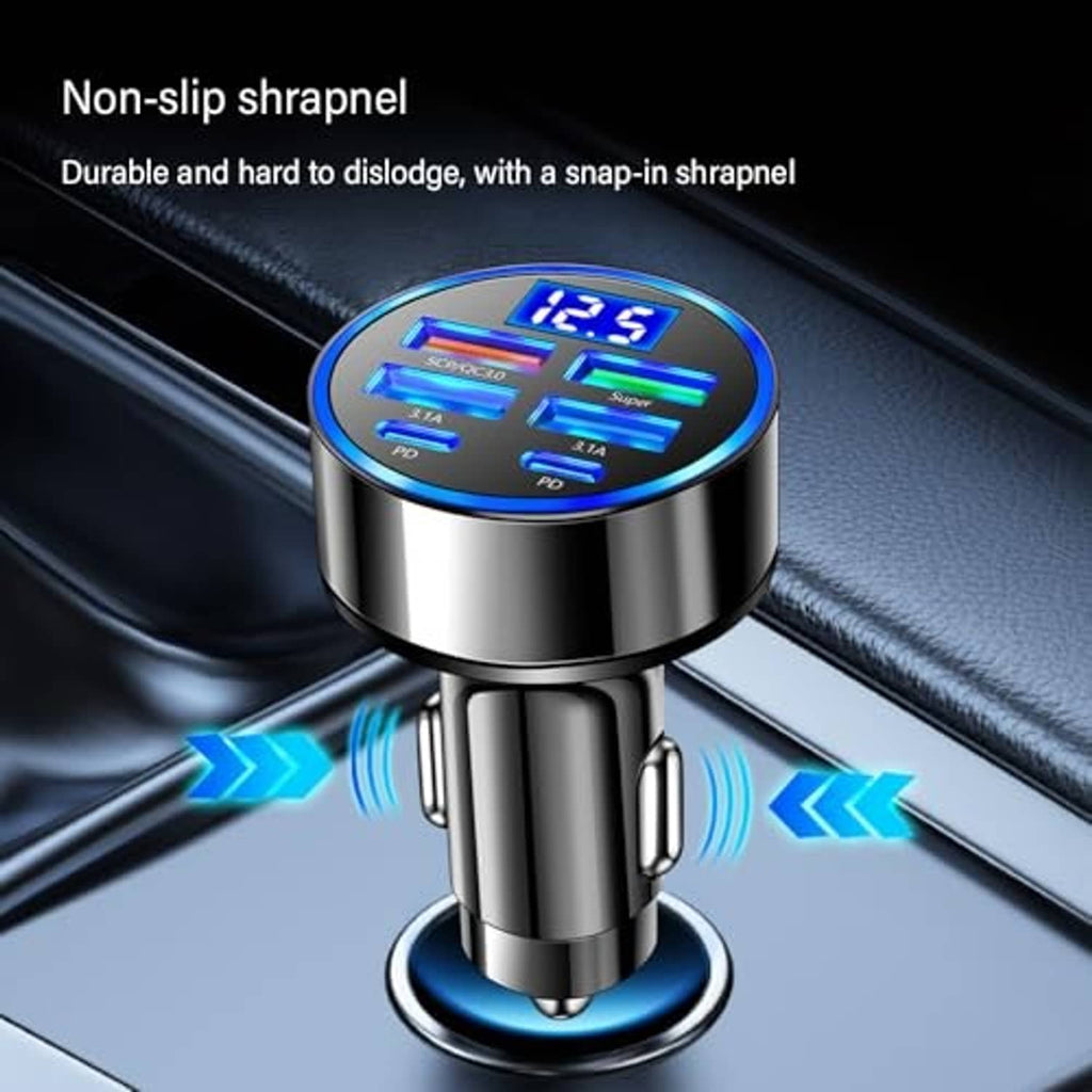 Car cigarette lighter charger with blue LED voltage reading and metal black-and-silver finish