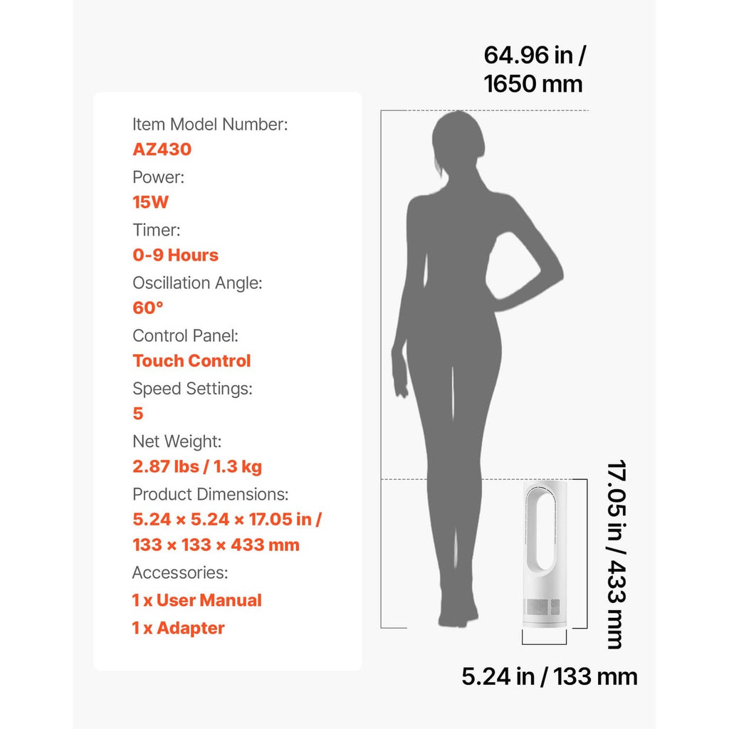 White bladeless desk fan with size diagram and silhouette figure