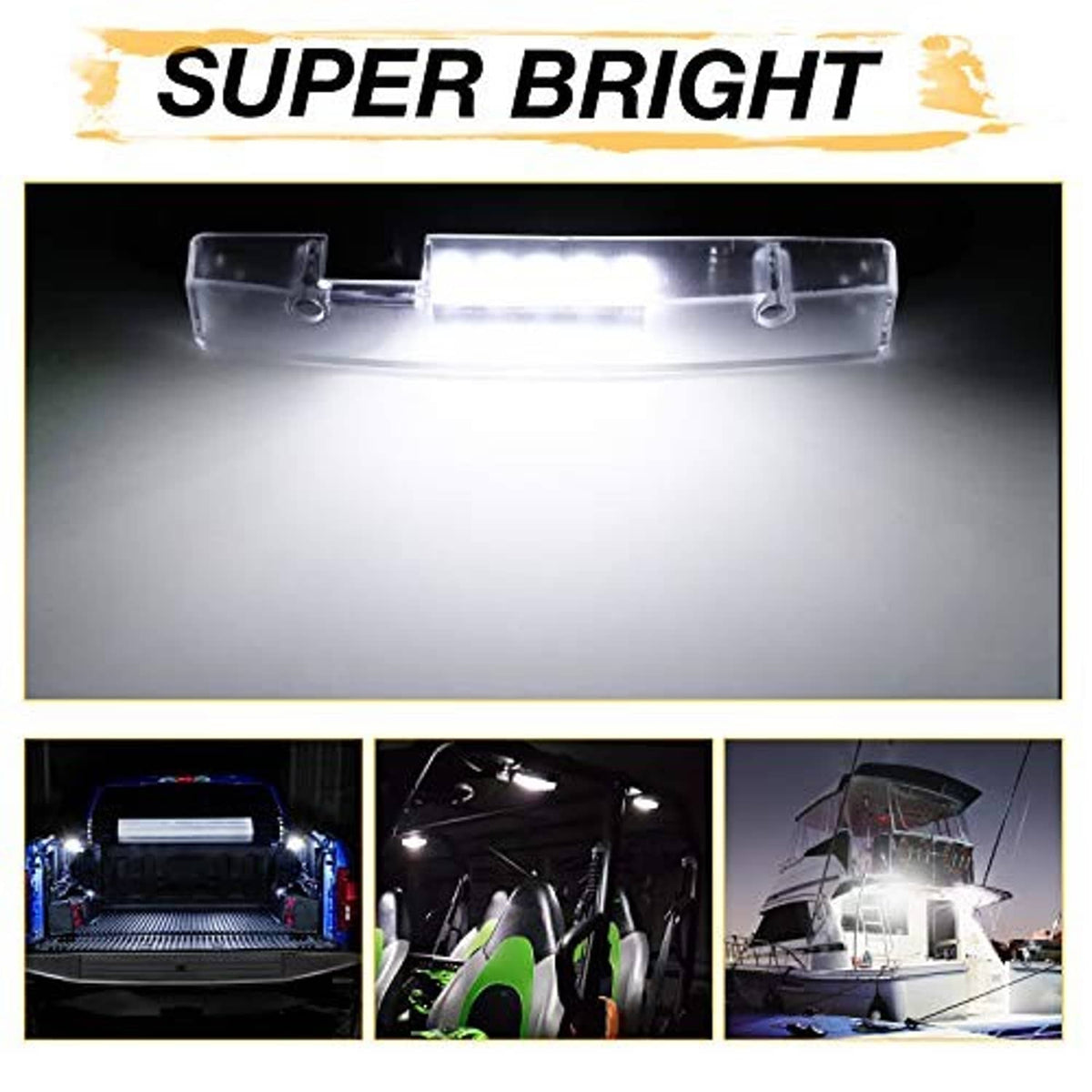 Bright LED dome light bar with clear lens and black end brackets shining