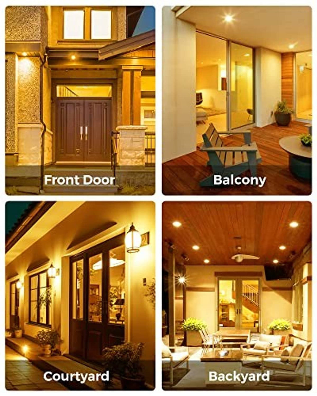 Outdoor porch and balcony light fixtures with warm yellow LED illumination
