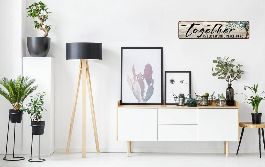 Rectangular wooden wall art sign displaying “Together is our favorite place to be.”