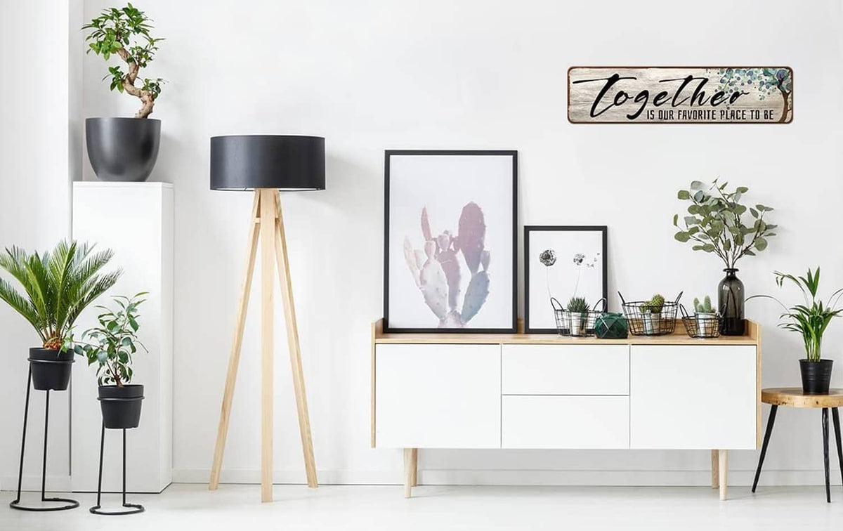 Rectangular wooden wall art sign displaying “Together is our favorite place to be.”