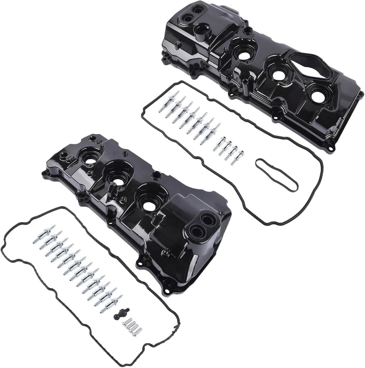 Black valve covers with included screws, gaskets, and sealing parts