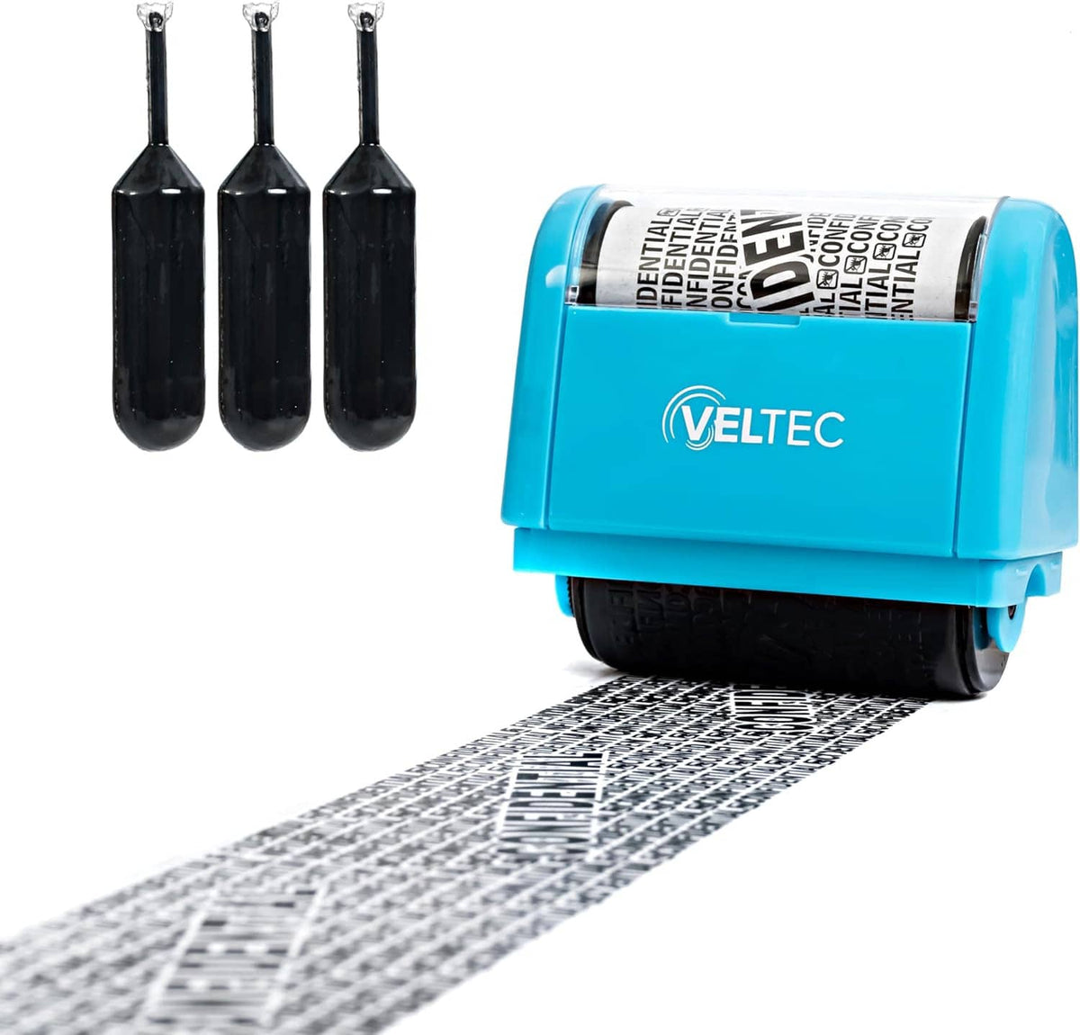 Blue identity ink roller stamp with 3 black ink cartridges stamping security text strip