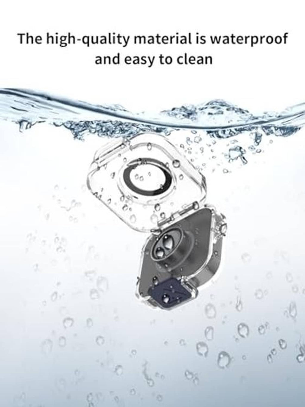 Clear shockproof charger case with blue circular insert and charging base, water splash