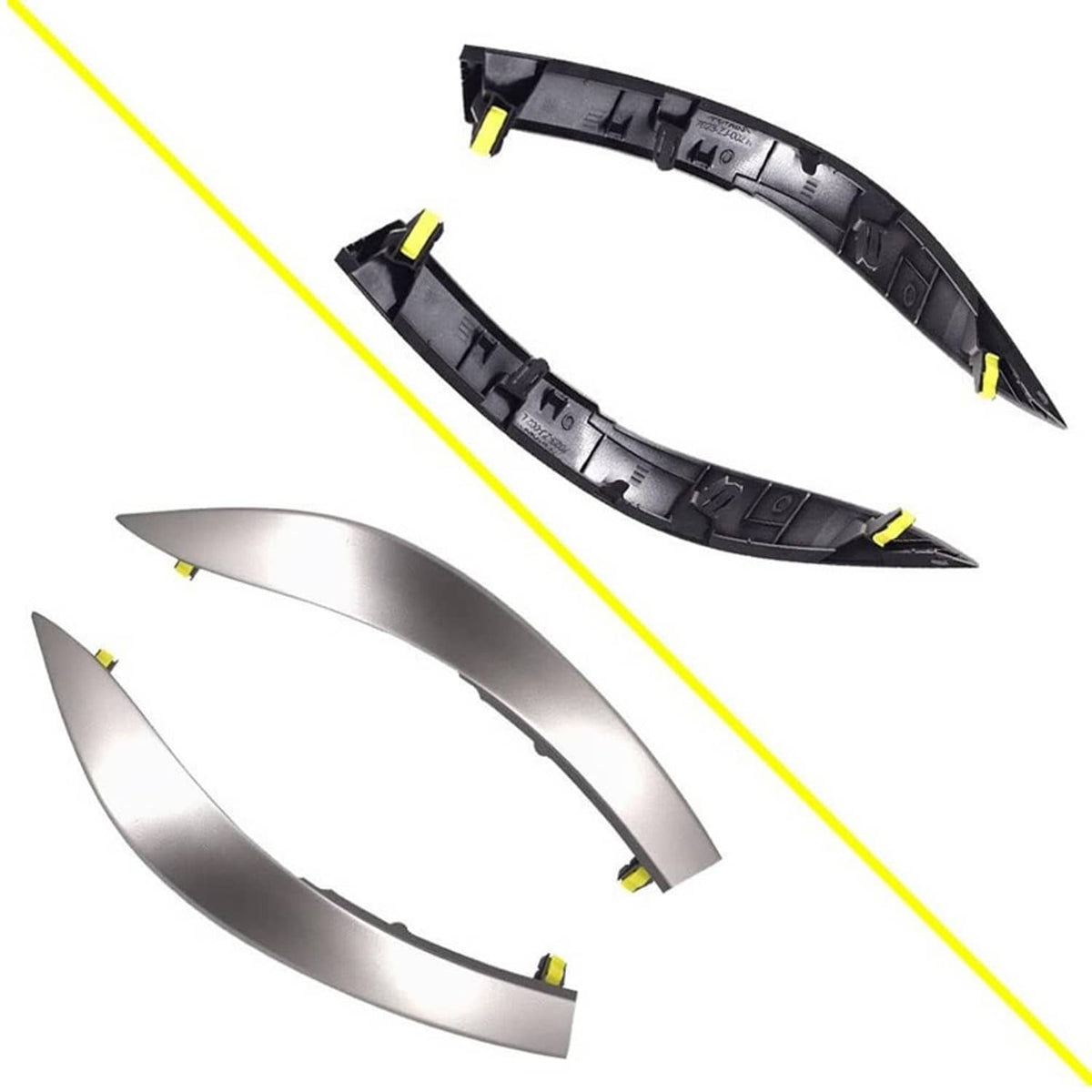 Upper dashboard trim pieces set, metallic gray with yellow clip fasteners