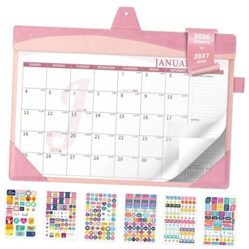 Pink desk calendar with storage folder, hanging loop, and monthly planner pages