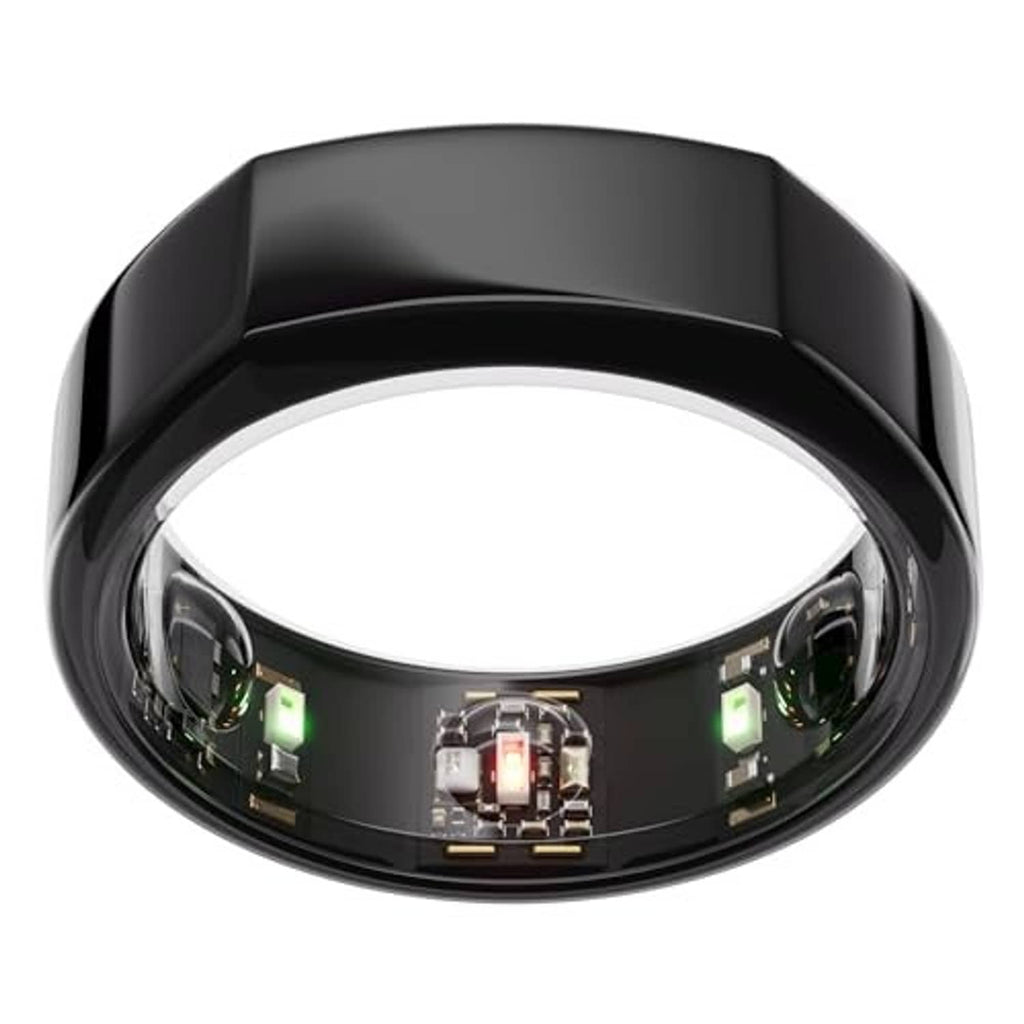Oura black smart ring shown from above with sensor window and metal contacts