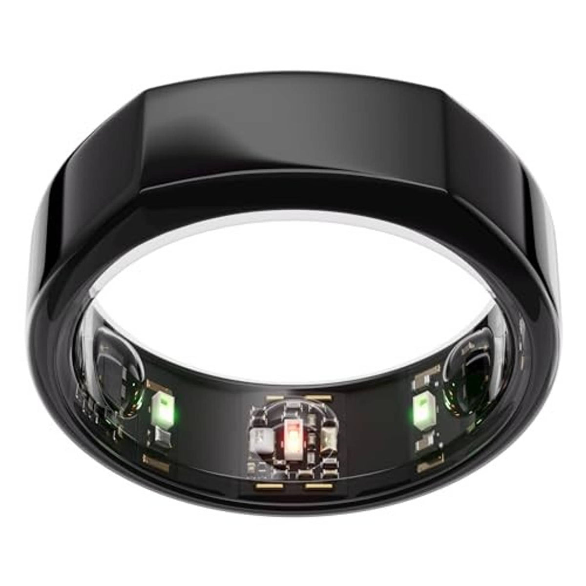 Oura black smart ring shown from above with sensor window and metal contacts