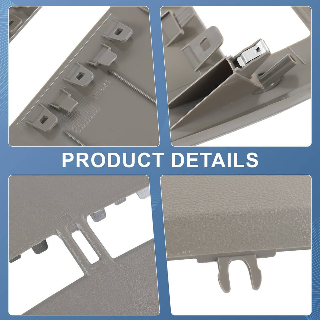 Gray dash bezel lid showing molded tabs, snap points, and textured surface details