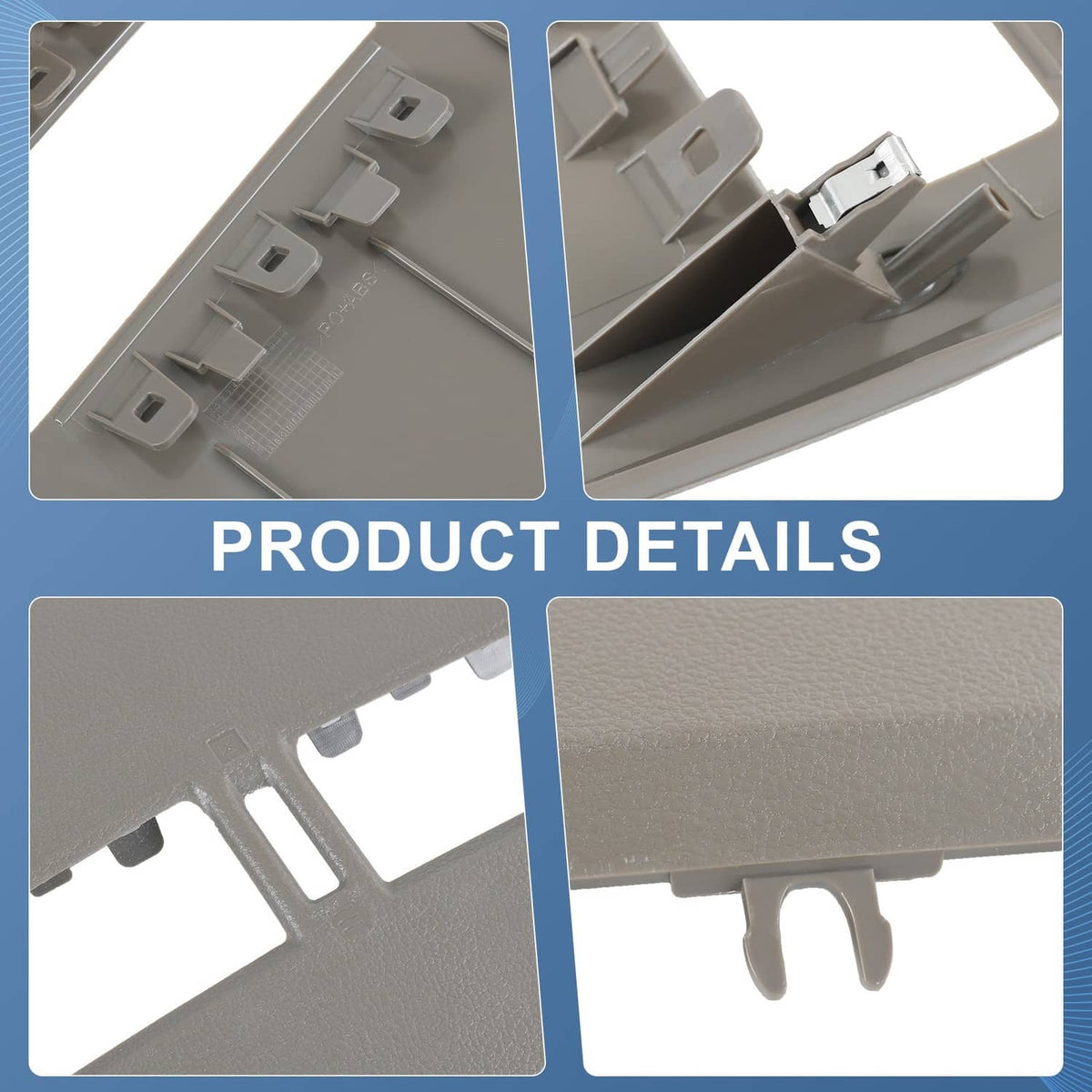 Gray dash bezel lid showing molded tabs, snap points, and textured surface details