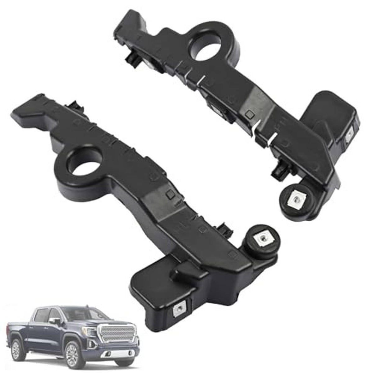 Black front bumper guide bracket set with round hole and snap-in mounting tabs