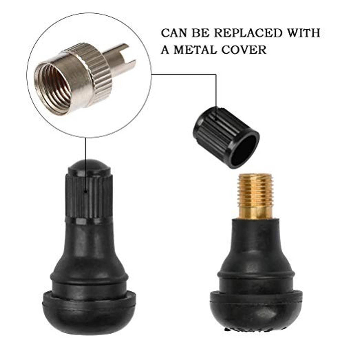 Black rubber tire valve cap with brass threaded insert and removable metal cover sleeve