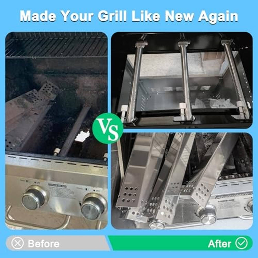Grill burner replacement kit installed in the firebox, after comparison