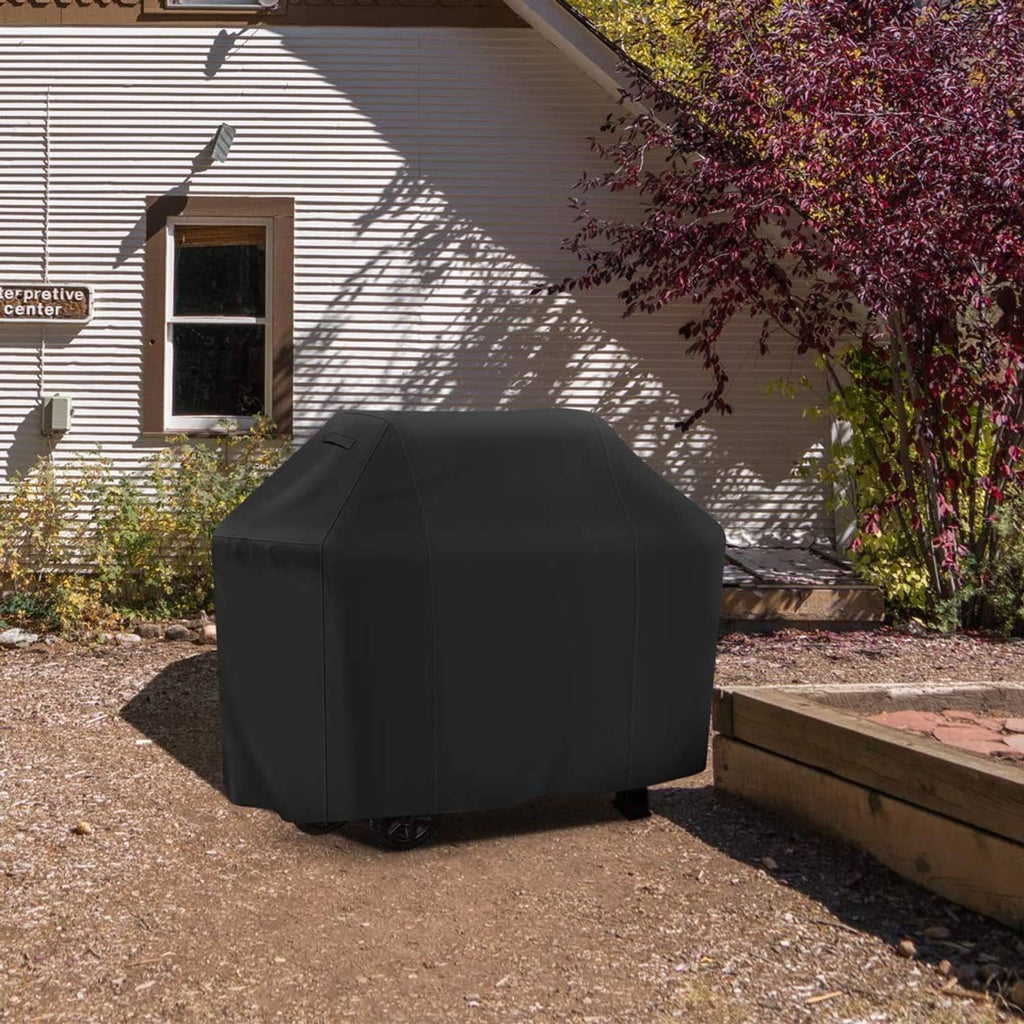 Black 55-inch grill cover protecting a gas barbecue grill outdoors