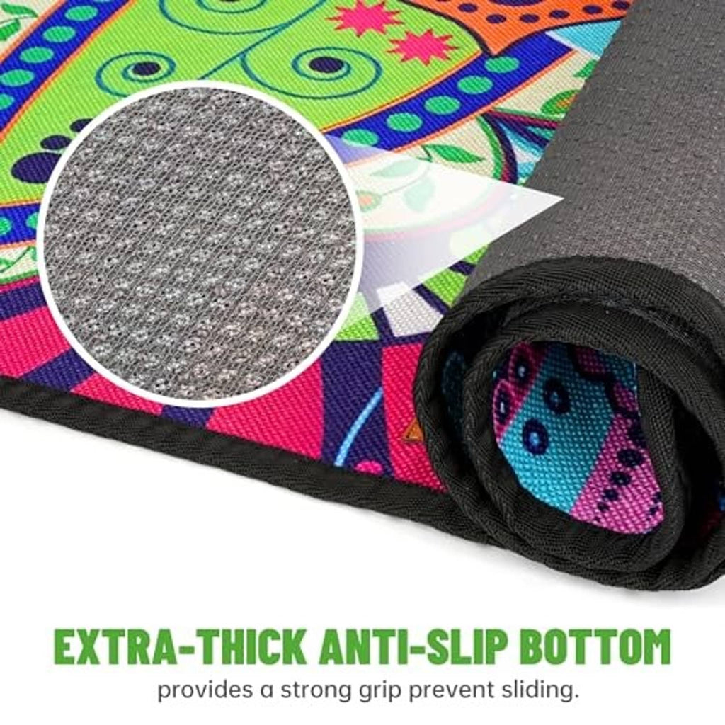 Mandala fabric seat cover with textured anti-slip backing and black rolled edge.