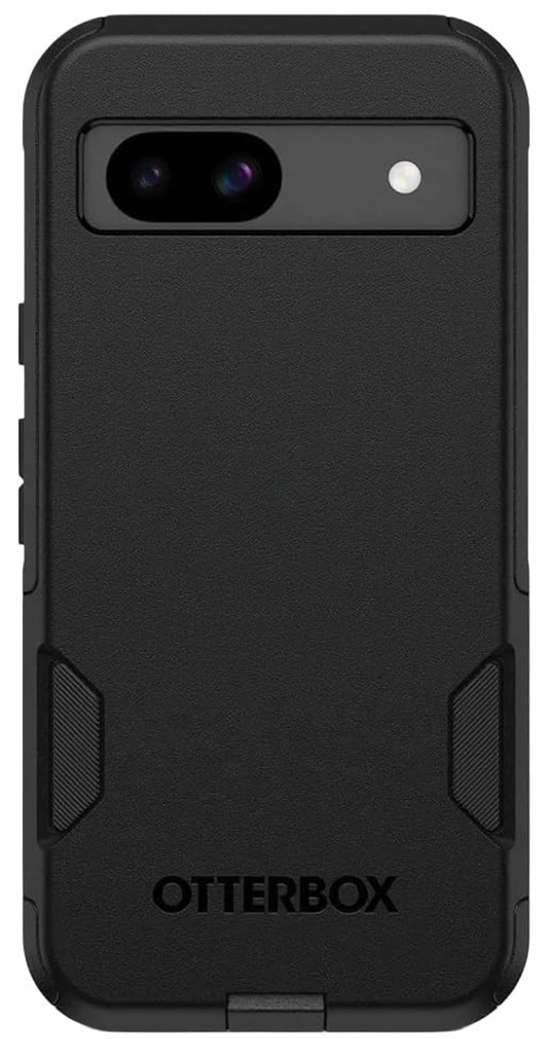 Google Pixel 8A OtterBox Commuter case, black textured back with dual-camera cutout