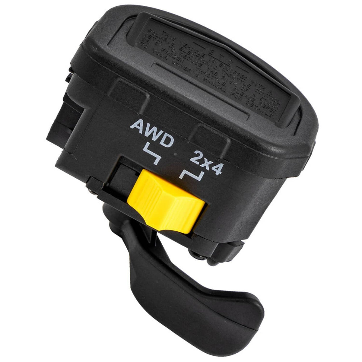 Thumb throttle lever with black outer housing, yellow push piece, and AWD 2x4 text