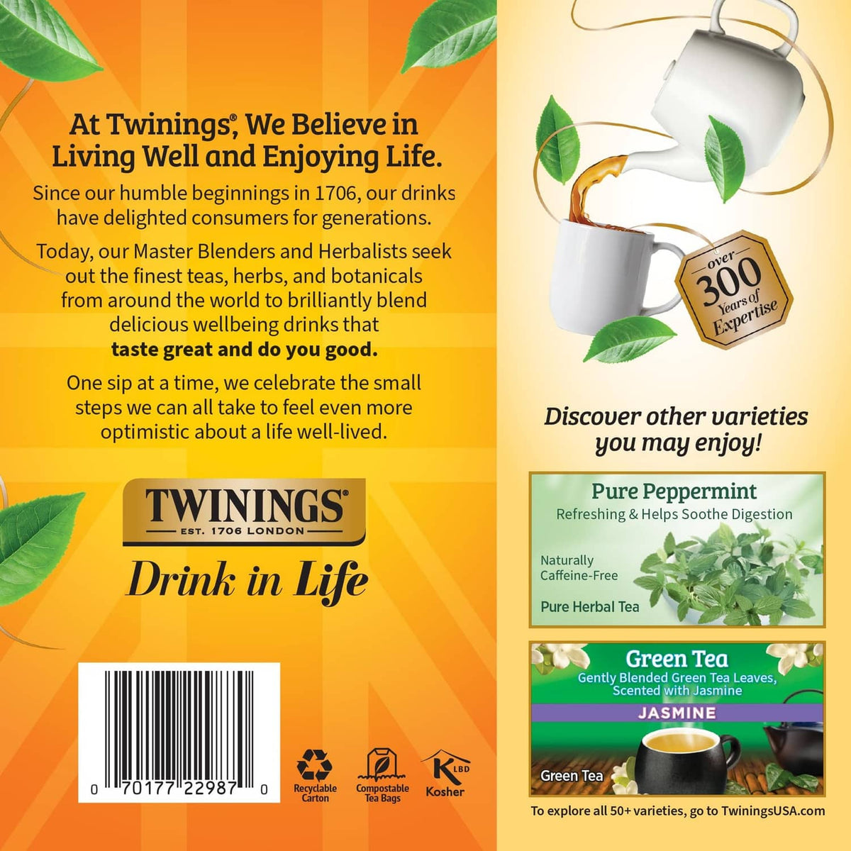 Twinings herbal tea assortment display with teacup, tea bag, and mix of varieties