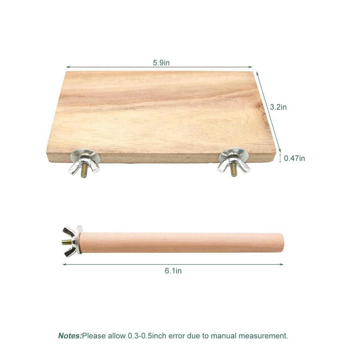 Natural wood perch platform with screw-on feet and dowel perch bar