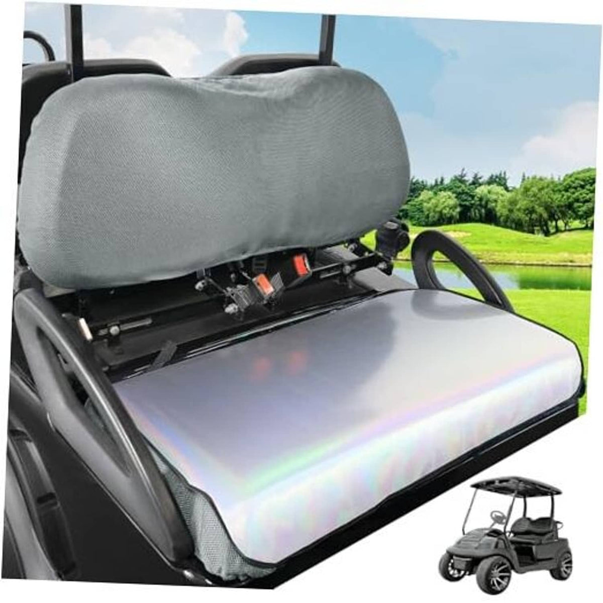 Gray golf cart front seat cover with textured fabric and fitted headrest