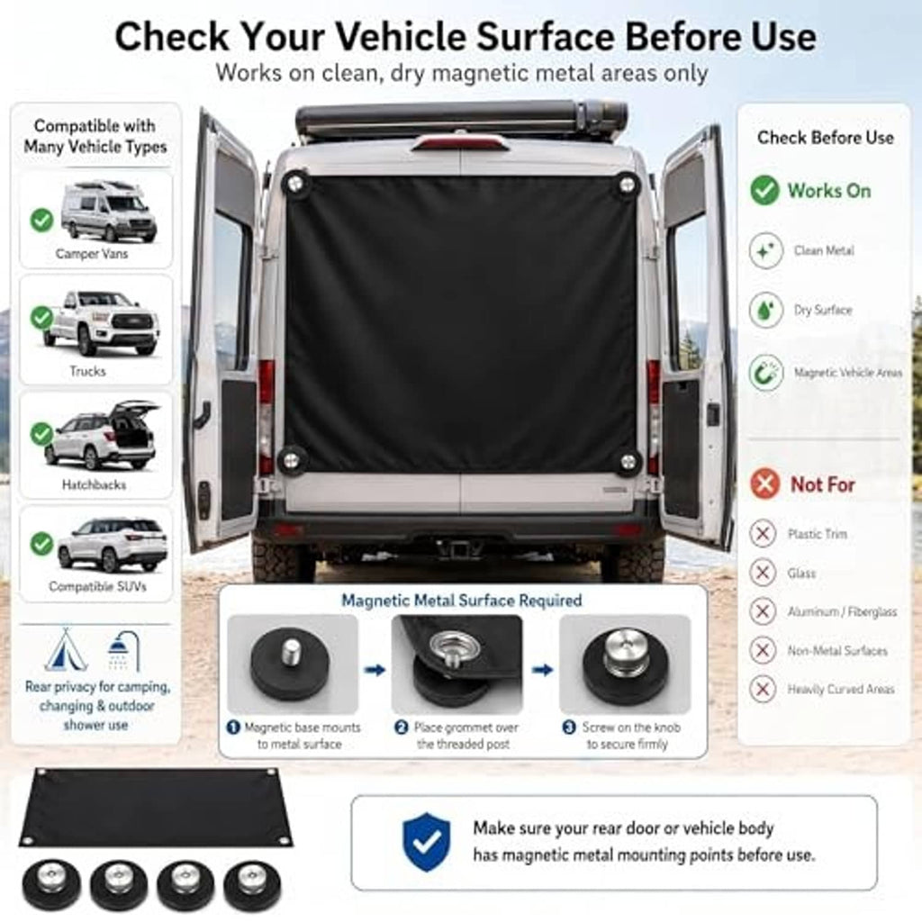 Black rear-door privacy curtain installed on a van tail with metal grommets and magnetic bases