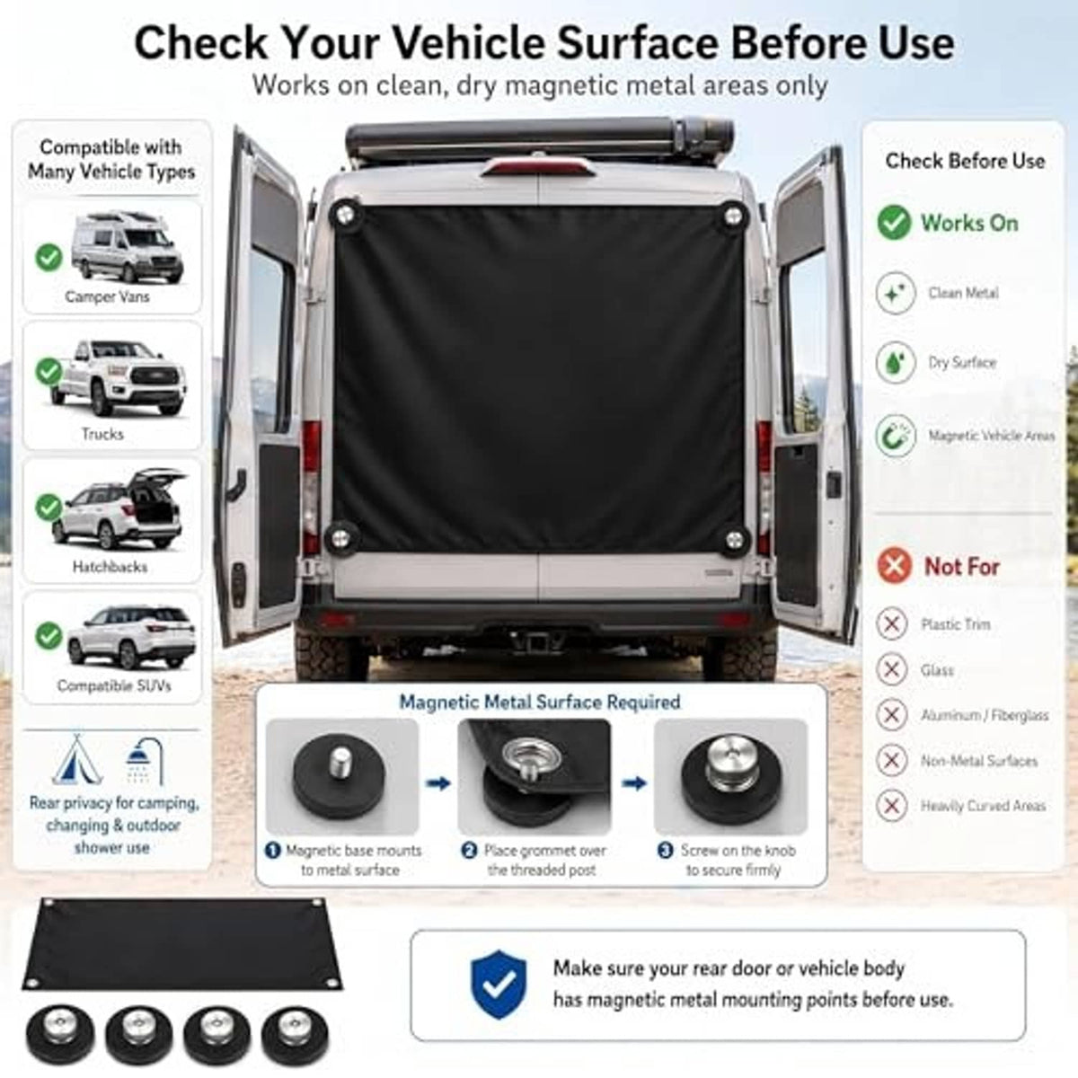 Black rear-door privacy curtain installed on a van tail with metal grommets and magnetic bases