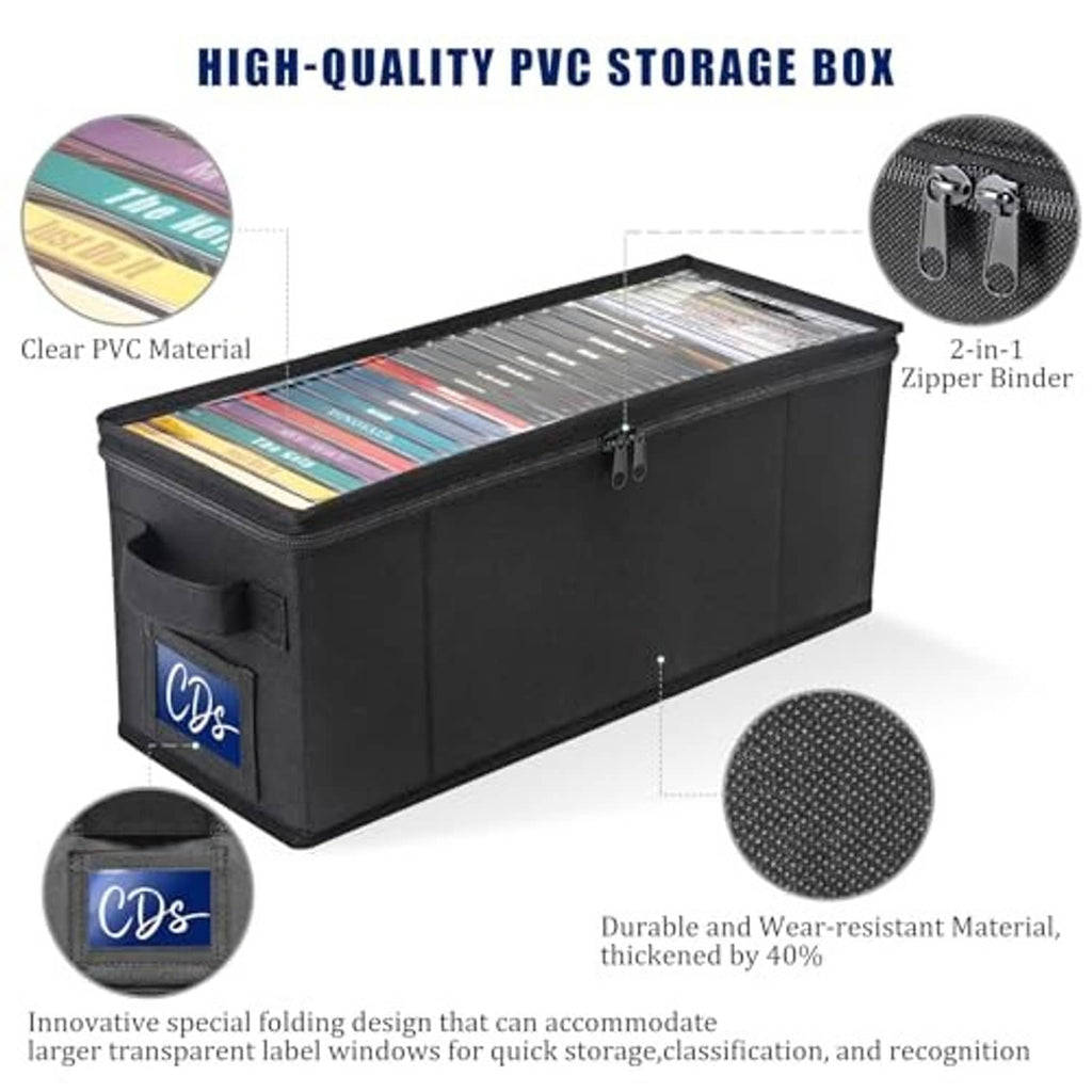 Black PVC storage box with clear window and zipper binder for media organization