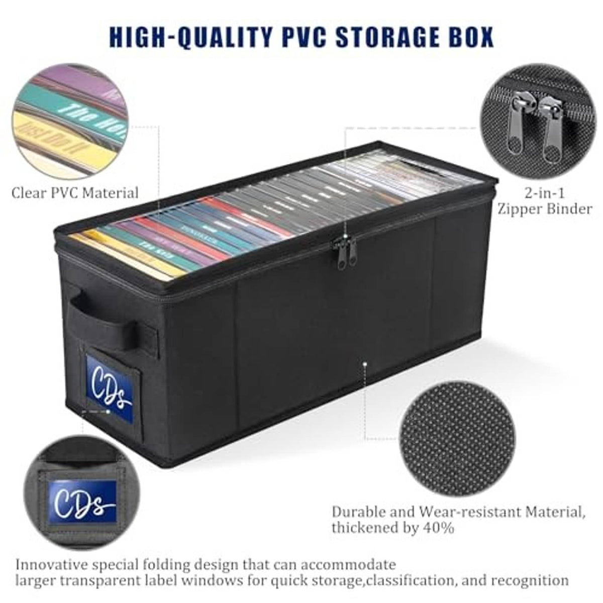 Black PVC storage box with clear window and zipper binder for media organization