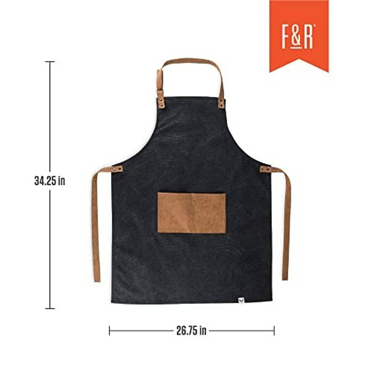 Men's dark charcoal apron with tan faux leather straps and centered rectangular pocket