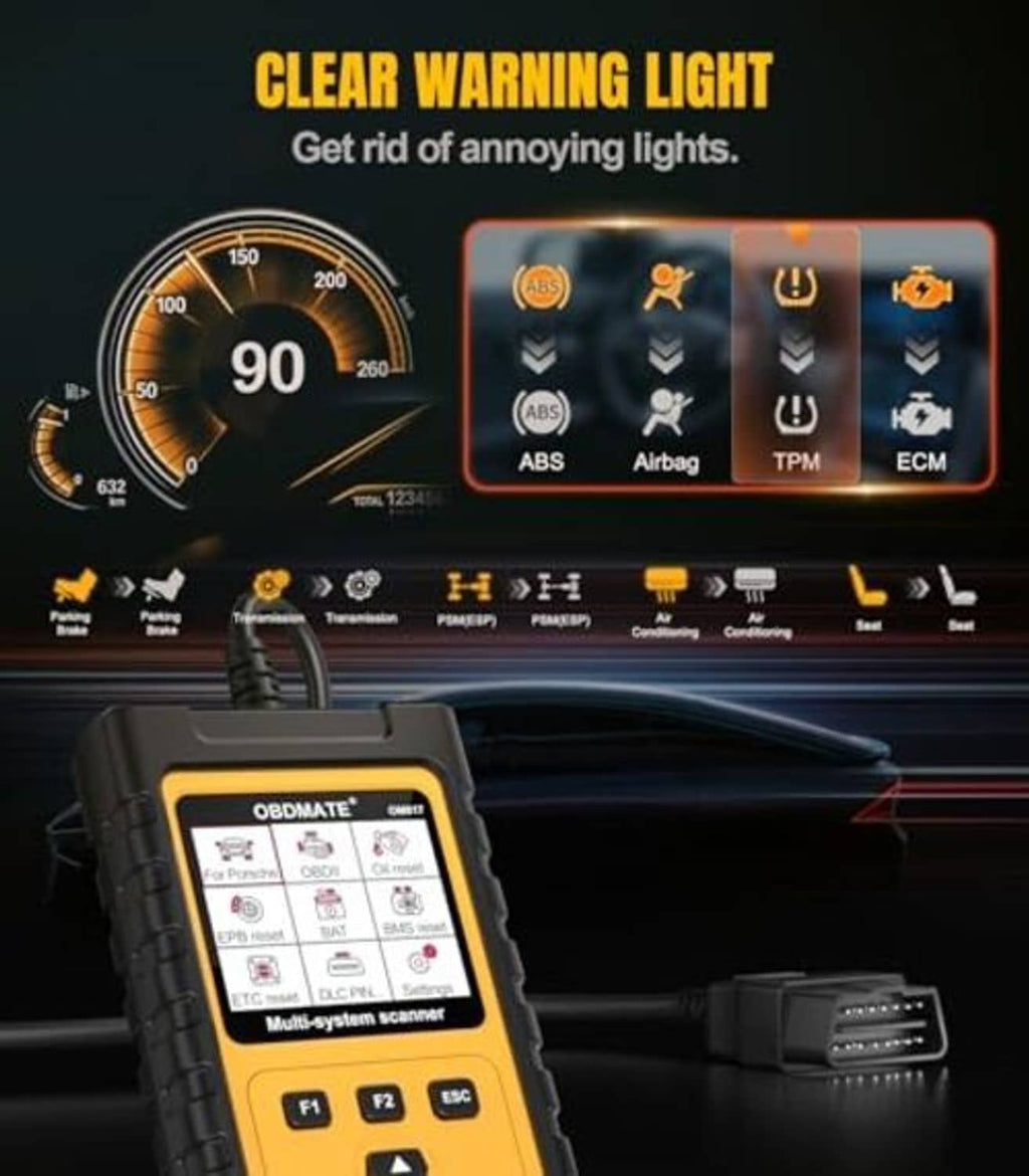 OBDMATE OMB817 OBD2 scanner with yellow warning-light interface and keypad